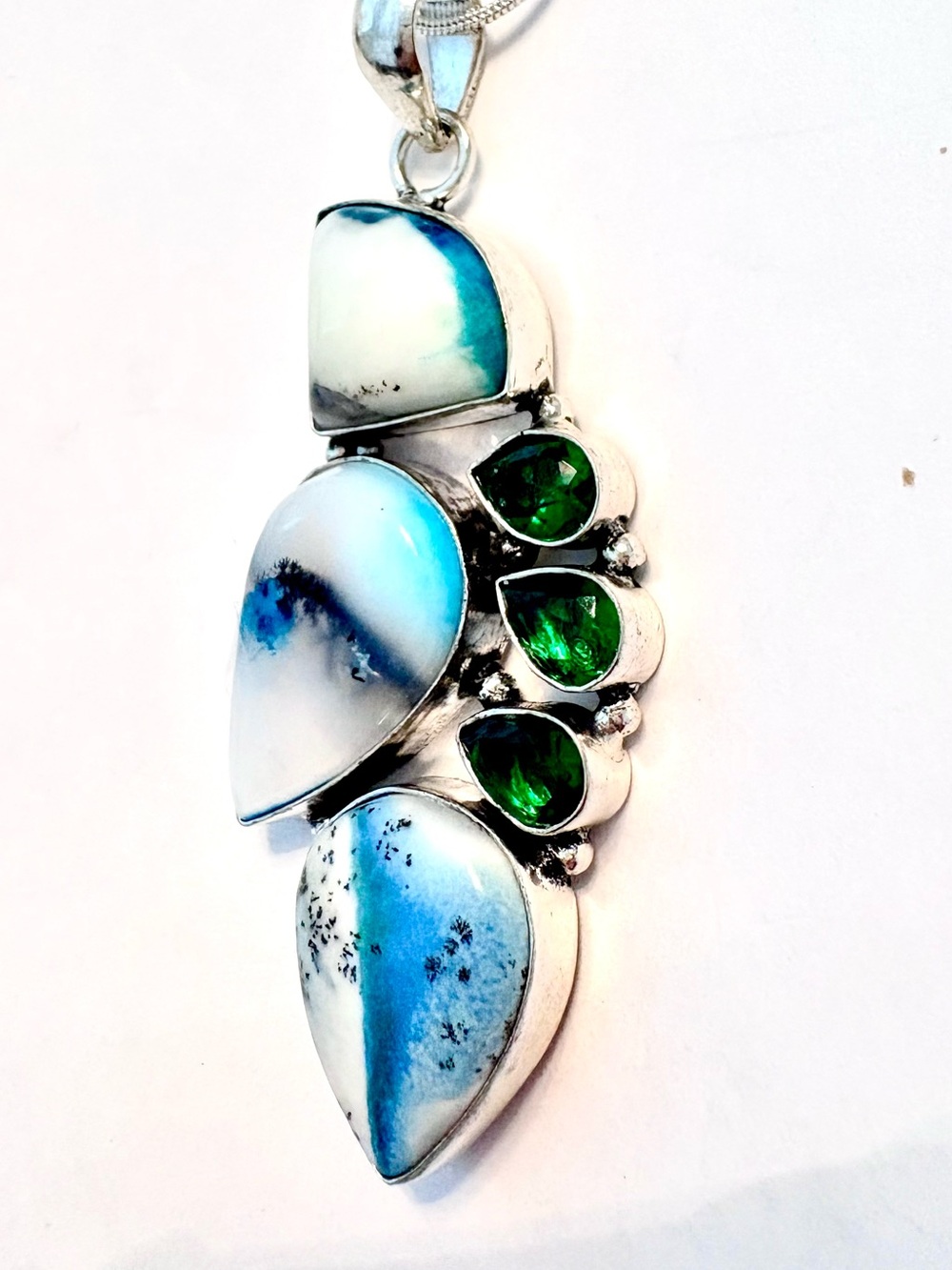 3 inch,925  marked, 3 Dendrite Opal and 3 Green Quartz on a silver chain.